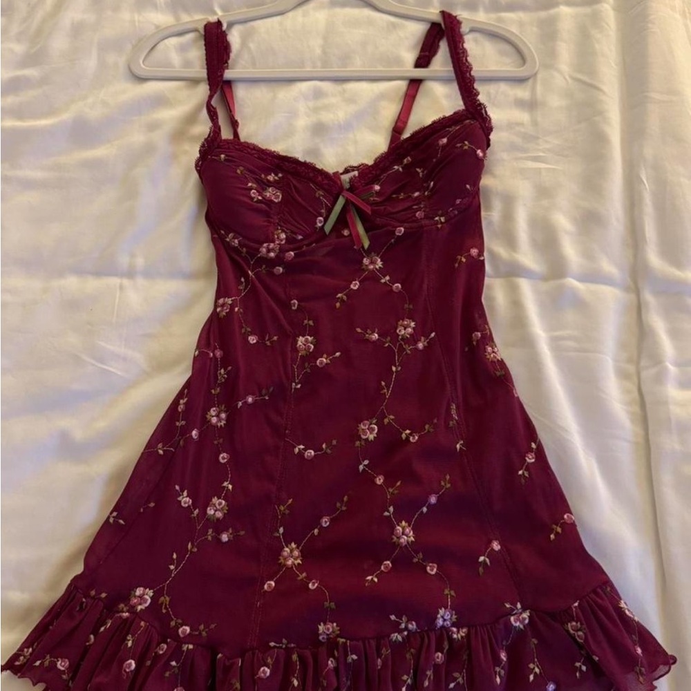 SOLD Floral Burgundy Dress with Ruffle Hem